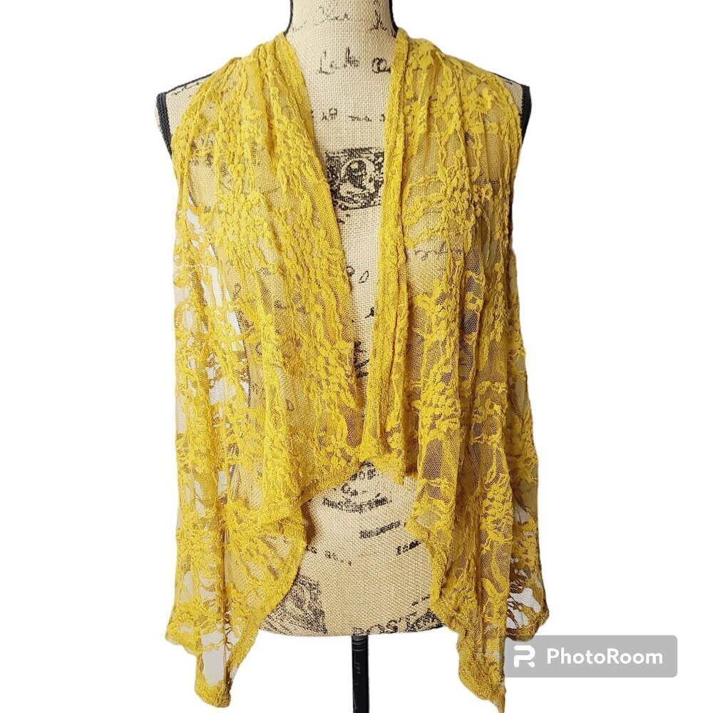 Bohemian Yellow Lace Open Front Hippie Festival Vest Daytrip Small